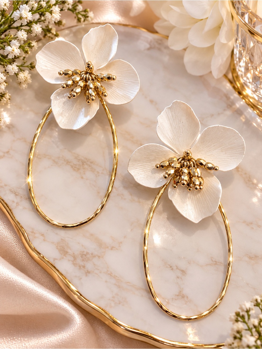 Elegant White Flower Drop Earrings with Gold Hoops